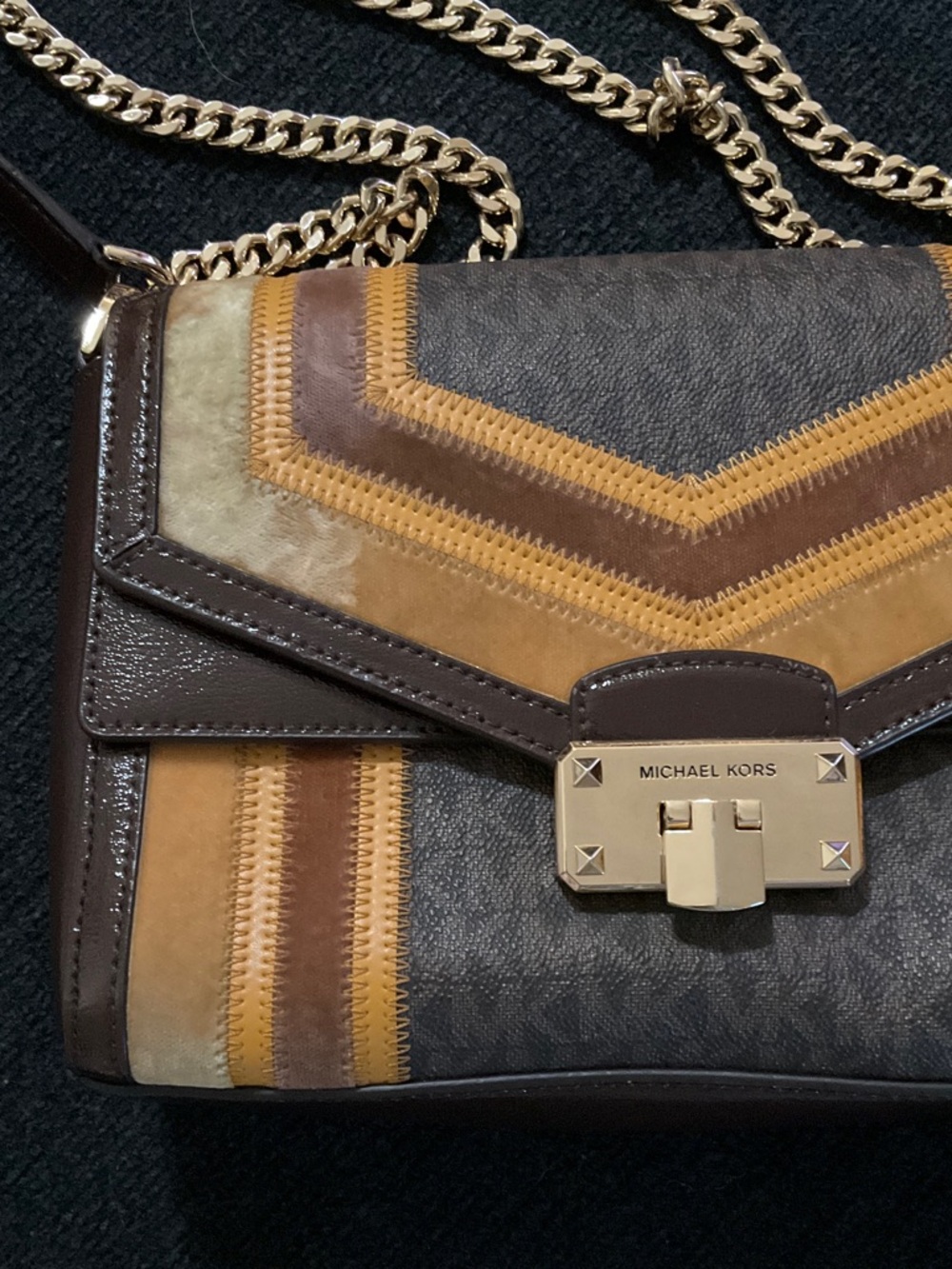 Michael Kors Brown and Mustard Striped Shoulder Bag with Gold Adjustable Chain - Picture 3 of 16